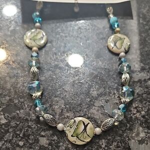 Butterfly Beaded Necklace - Blue and Silver